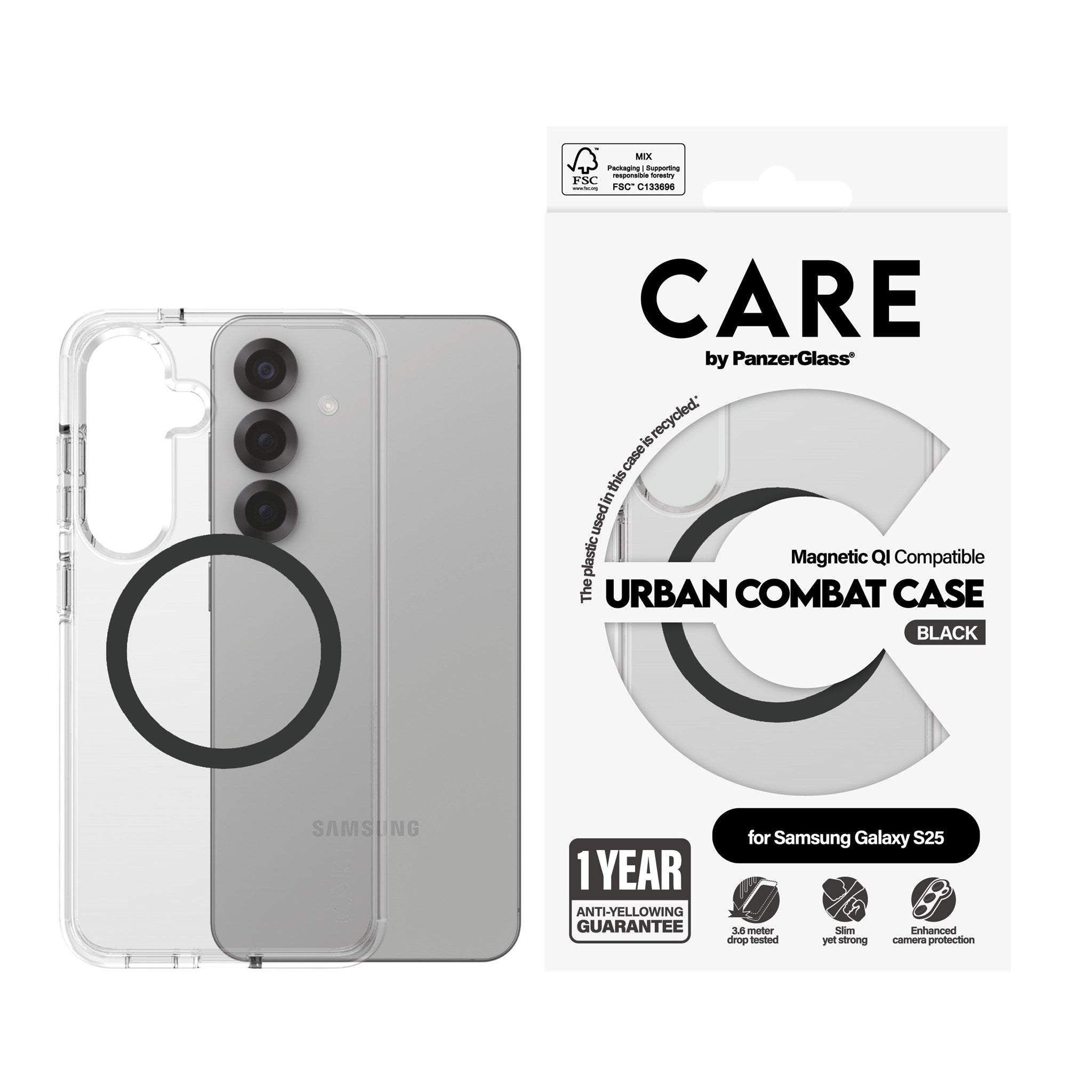 CARE by PanzerGlass® Urban Combat Case Transparent w. Black Qi Compatible Samsung Galaxy S25